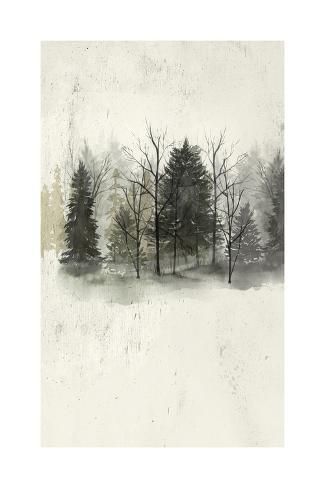 a painting of some trees in the snow