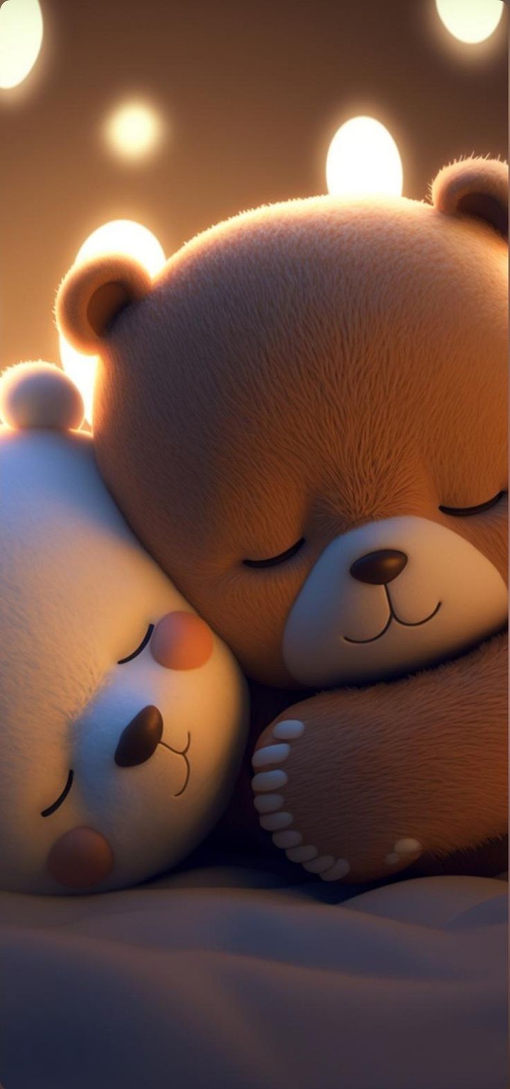 two teddy bears cuddle together on a bed with lights in the background and one is sleeping