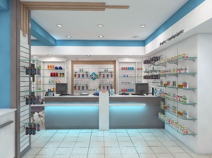 an empty pharmacy with shelves full of medicines