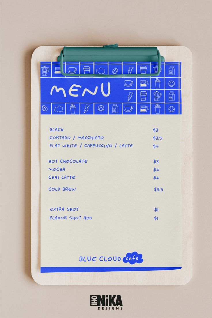 a clipboard with a menu written in blue on the front and bottom part of it