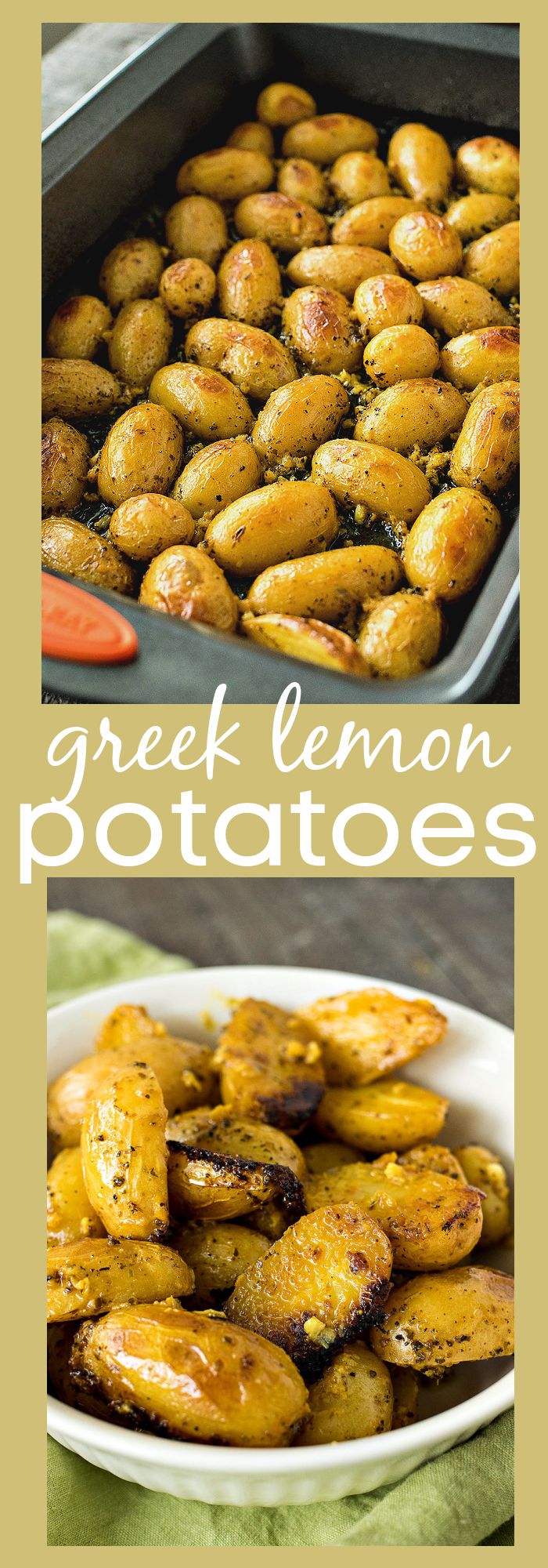 greek lemon potatoes in a white bowl and on a green cloth with the words greek lemon potatoes