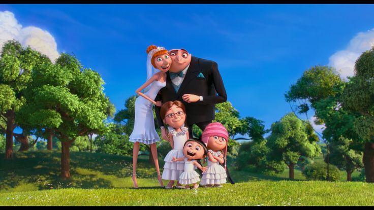 an animated family posing for a photo in the park