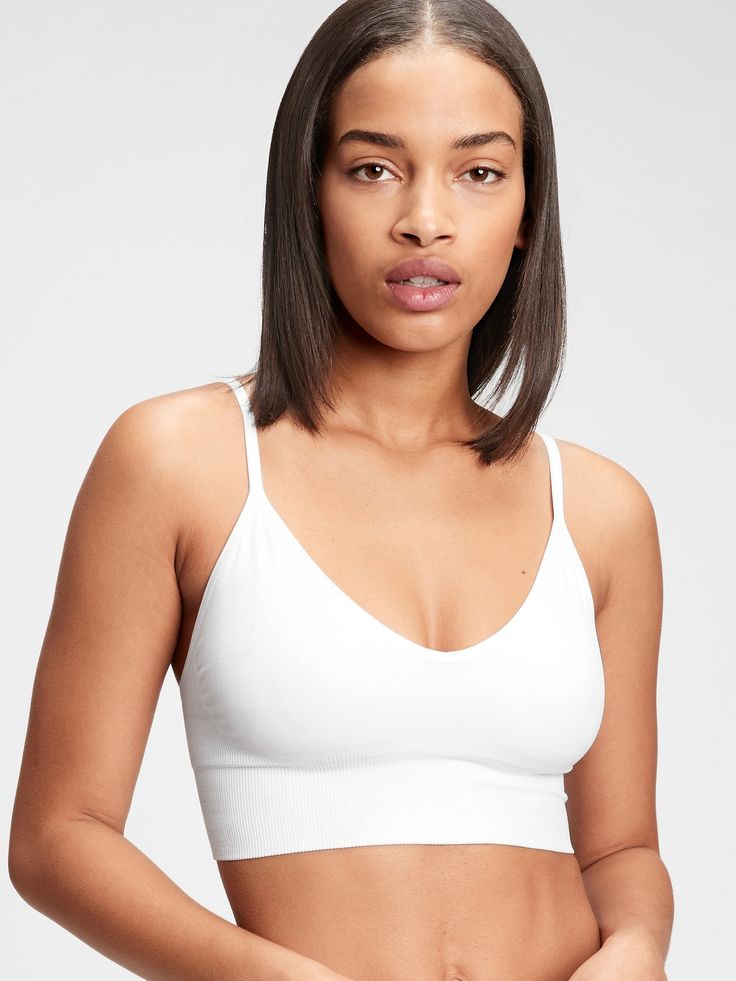 Soft, seamless knit.  Plunge neckline.  Adjustable straps. Bralette Outfit, Comfy Bra, White Bralette, Support People, Plunge Neckline, Seamless Bra, Clothing Hacks, Bra Women, Plunging Neckline