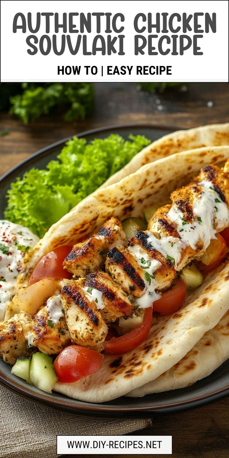 an authentic chicken souvlak recipe on a plate with lettuce and tomatoes