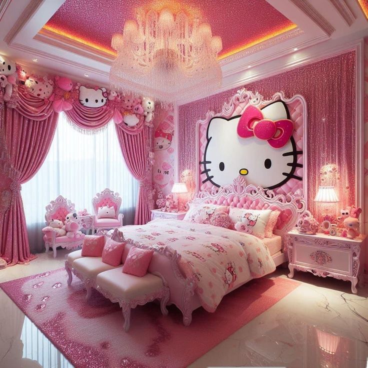 a hello kitty bedroom with pink walls and curtains, chandelier, bedding, rugs, and furniture