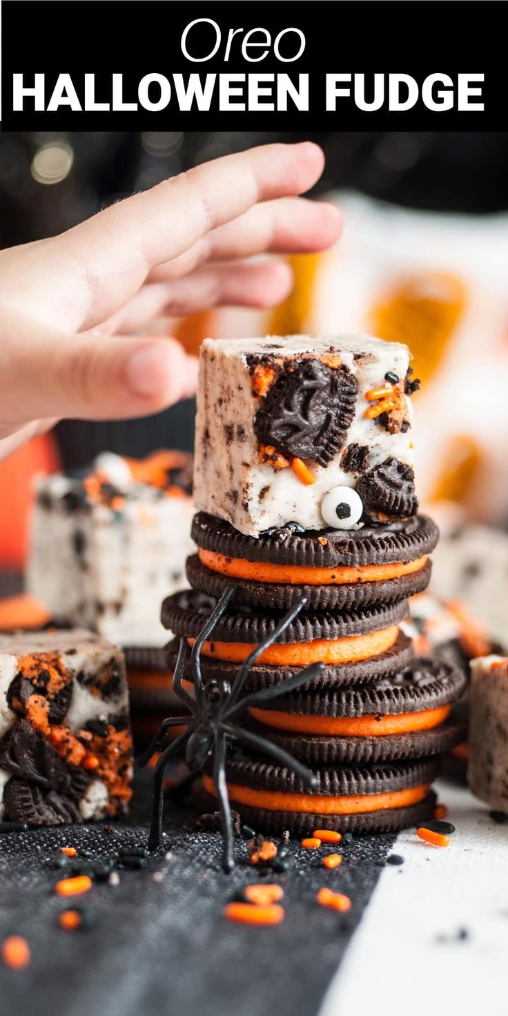 a stack of cookies and oreo halloween fudges on top of each other