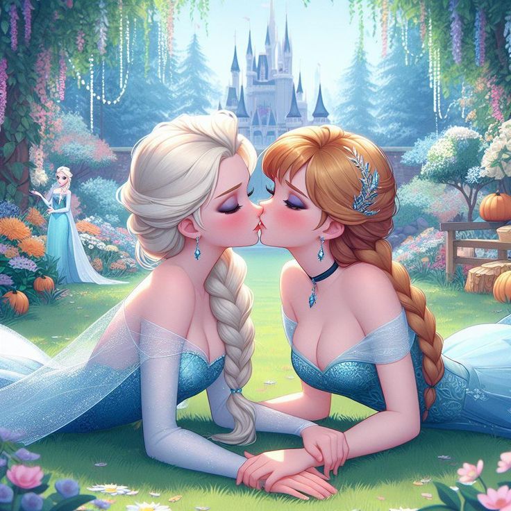 two beautiful women kissing each other in front of a castle