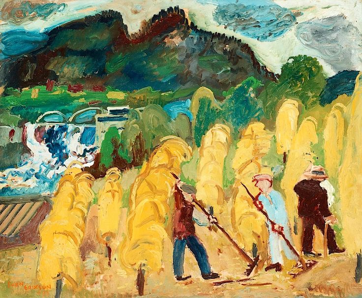 an oil painting of people working in the field