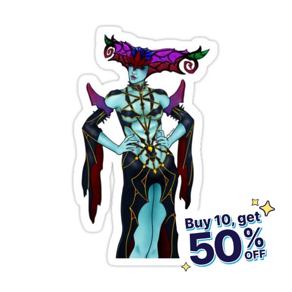 a sticker with an image of a woman dressed in blue and purple, standing next to the words buy 10 get 50 % off