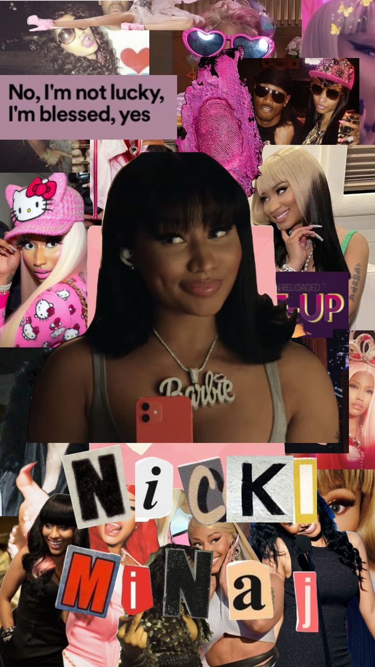 the collage has many different pictures and words on it, including an image of nicki mina