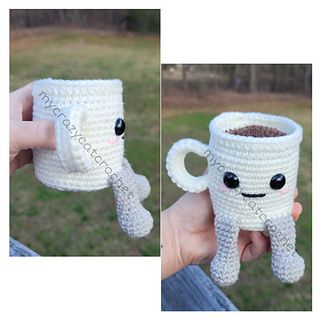 a crocheted coffee cup holder with an octopus on the inside, and a hand holding