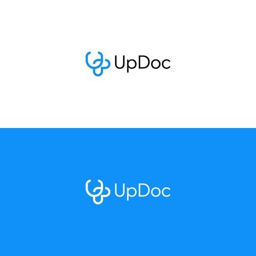 the logo for updoc is shown on a blue and white background with black letters