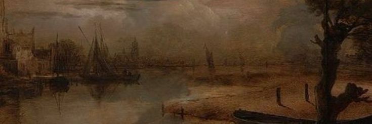 a painting with boats on the water and clouds in the sky