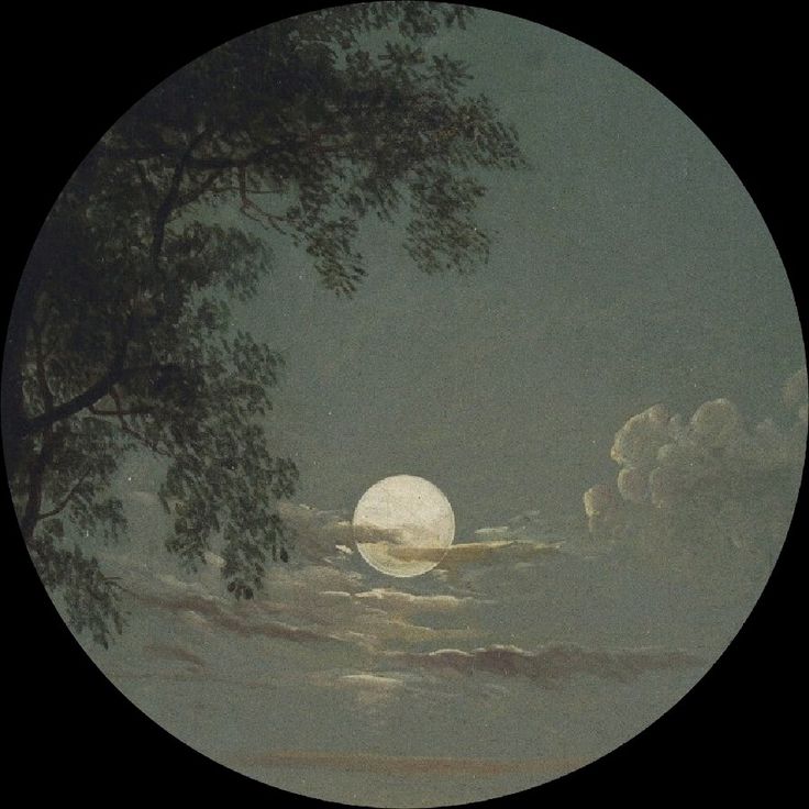 an image of a full moon setting in the sky with clouds and trees around it