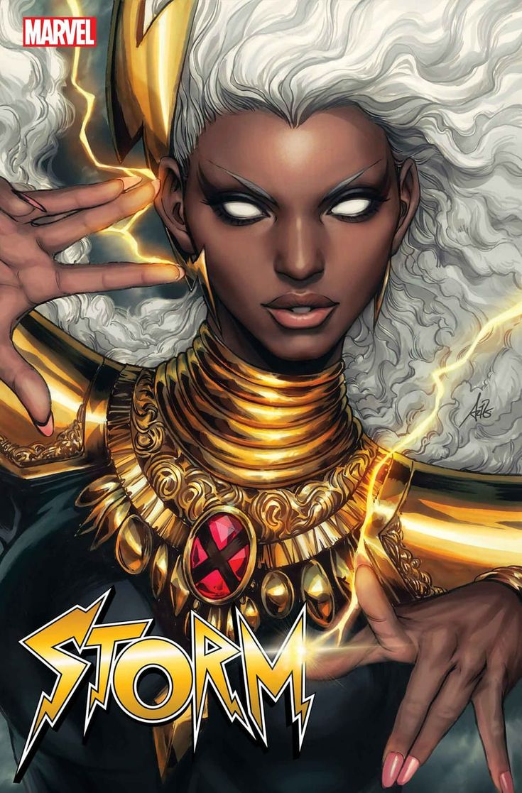 the cover to storm vol 1, featuring an image of a woman with white hair and gold