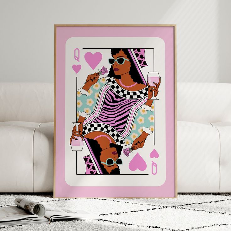 a pink and white playing card with an image of a woman holding a heart on it