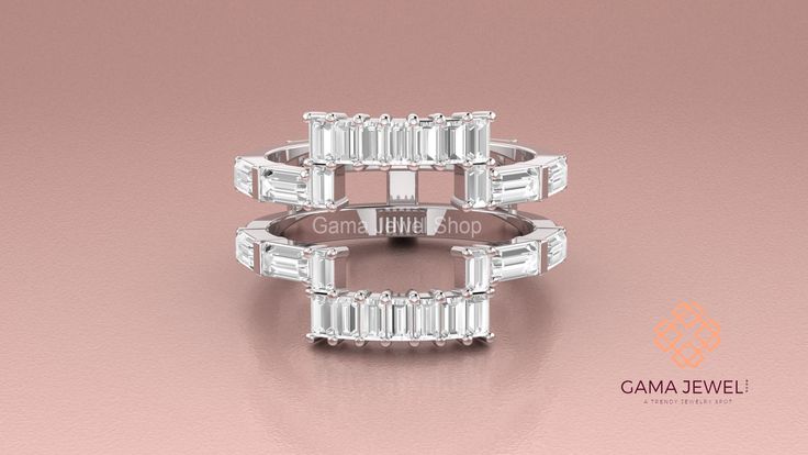 three emerald cut diamond rings on a pink background with the caption caramel jewels