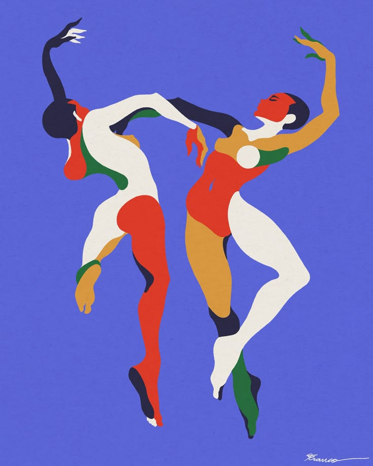 two people are dancing in the air with their arms around each other