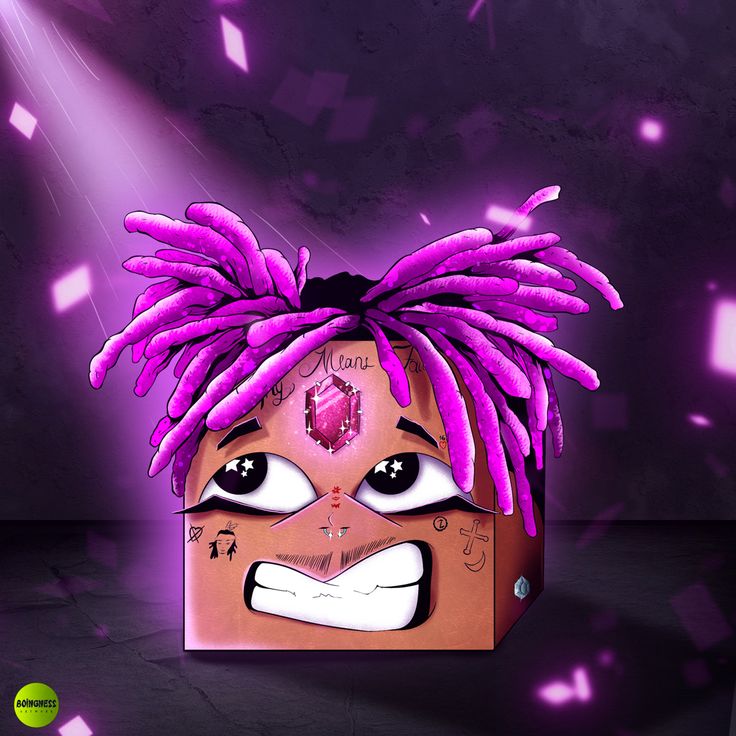 a cartoon character with purple dreadlocks on their head and eyes, in front of a spotlight