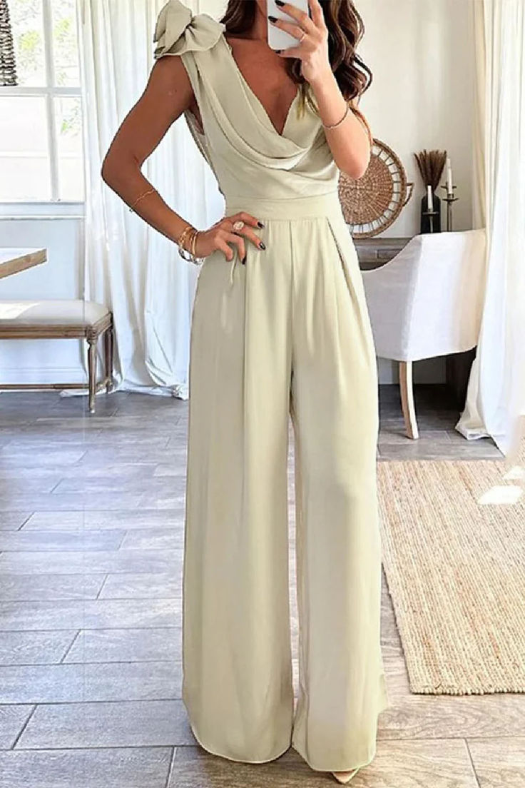 Sexy Solid Asymmetrical Scarf Collar Jumpsuits Collar Jumpsuit, Fall Winter Dresses, Asymmetrical Neckline, Romper With Skirt, Spring Outfits Casual, Long Blouse, Casual Summer Outfits, Apricot, Jumpsuit Dress