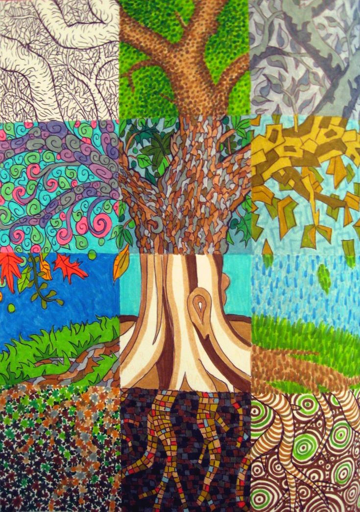 an image of a tree with many different colors and patterns on the trees are shown in this