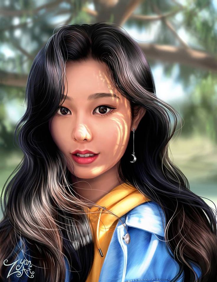 a digital painting of a woman with long black hair wearing a blue shirt and yellow scarf