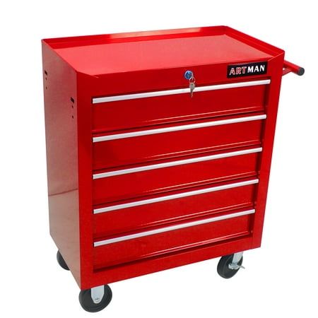 a red tool box on wheels with the word artman written on it and two drawers