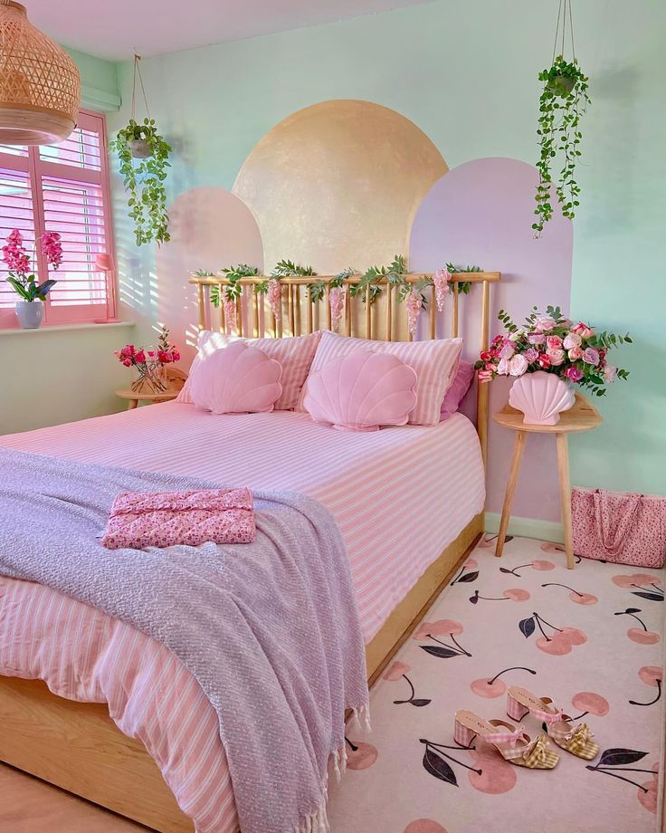 a bedroom with pink bedding and flowers on the wall, along with potted plants