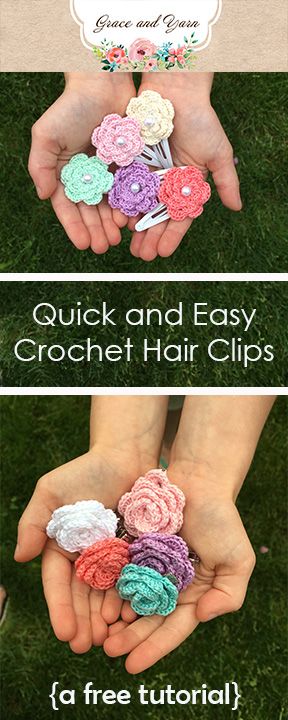 crochet hair clips are shown in three different pictures, one is pink and the other is green