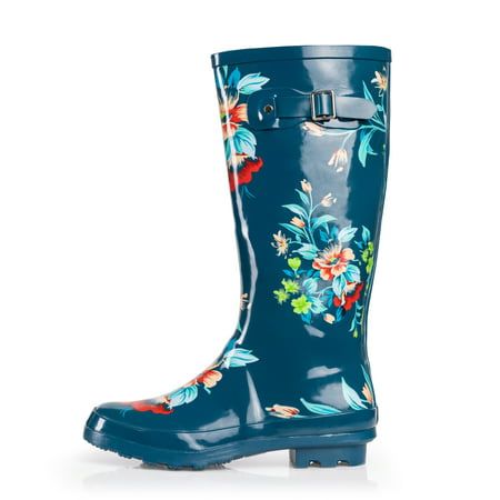 NORTY Womens Floral Print Hi Calf Rain Boots Blue. Adult Ladies Waterproof Winter Spring Garden Boot Medium Width. No matter how wet, muddy, or slick it gets outside, our adult rain boots for women have you covered. An 11.25 inch boot shaft with fun, feminine styling keeps you warm, dry, and outfitted in fresh fall and winter-ready looks. This extra-roomy insulated rubber boot lets you layer on your favorite thick socks on the colder days, and a rugged rubber tread sole makes sure you don't slip and slide. Whether you're using them as garden shoes or from point A to point B, they have a matte finish that makes them easy to clean after a full day outdoors. Size: 9B(M)US.  Gender: female. Insulated Rain Boots For Spring Outdoor Activities, Blue Waterproof Boots For Rainy Weather, Blue Weatherproof Boots For Rainy Weather, Weatherproof Blue Boots For Rainy Weather, Green Rain Boots For Outdoor, Blue Round Toe Rain Boots, Casual Knee-high Rain Boots For Outdoor, Weatherproof Blue Rain Boots For Outdoor, Insulated Blue Rain Boots For Outdoor