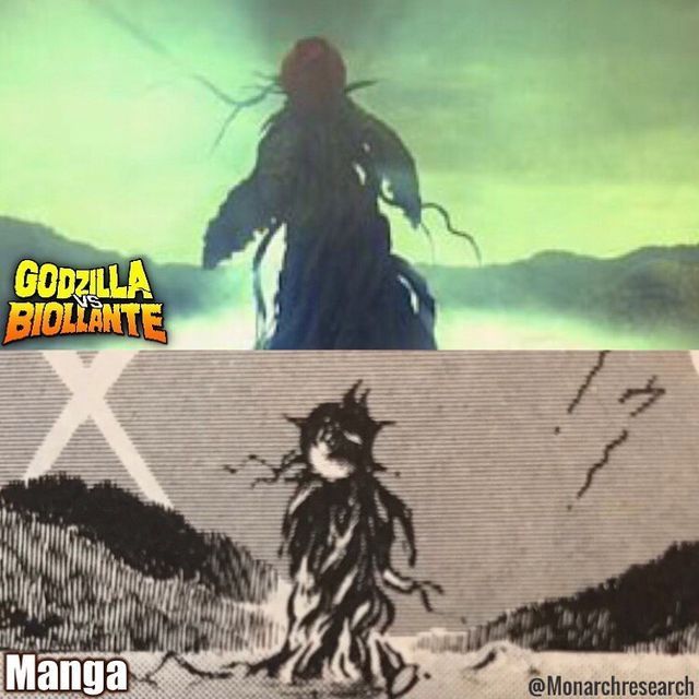 an image of a cartoon character and the caption that reads, godzilla bioliante x manga