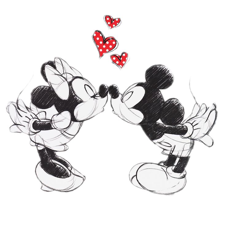 mickey and minnie mouse kissing each other with hearts flying above them in the air on a white background