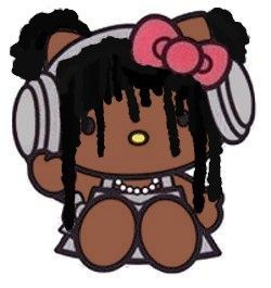 a cartoon character with headphones and a pink bow on her hair, sitting in front of a white background