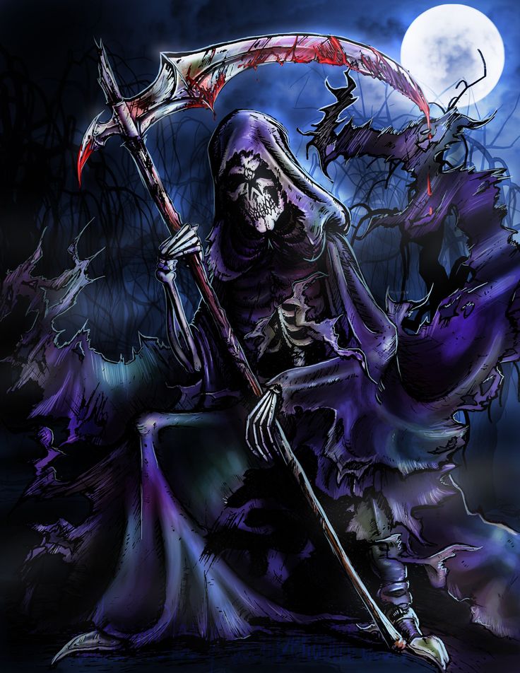 a skeleton sitting on the ground holding a scythe