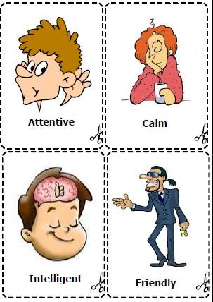 four different types of cartoon characters with captions in the middle one has an antentative, calm, and calm