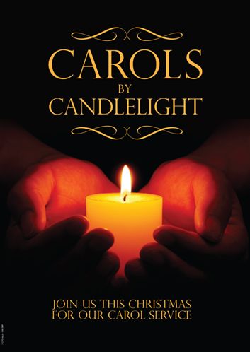 hands holding a lit candle with the words carols by candlelight