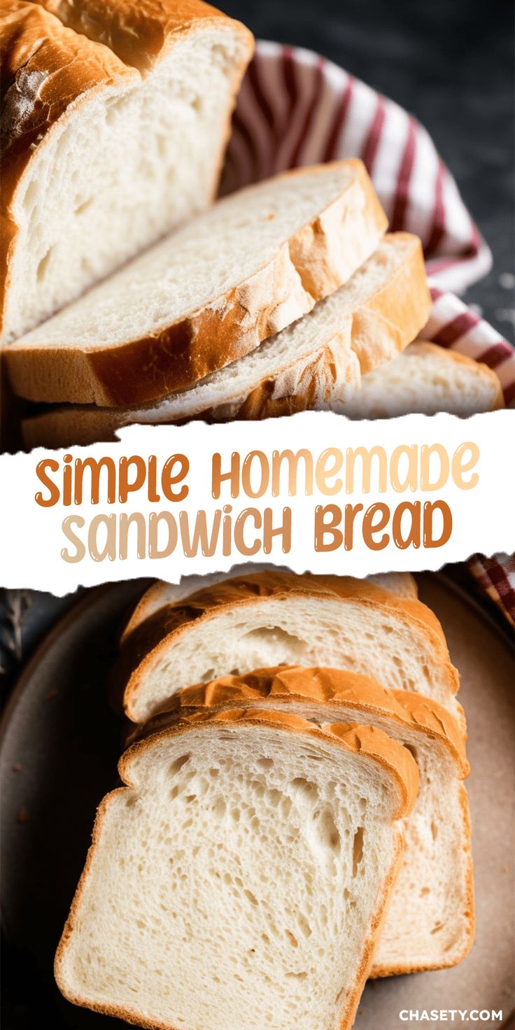 a loaf of homemade sandwich bread on a plate with the words, simple homemade sandwich bread