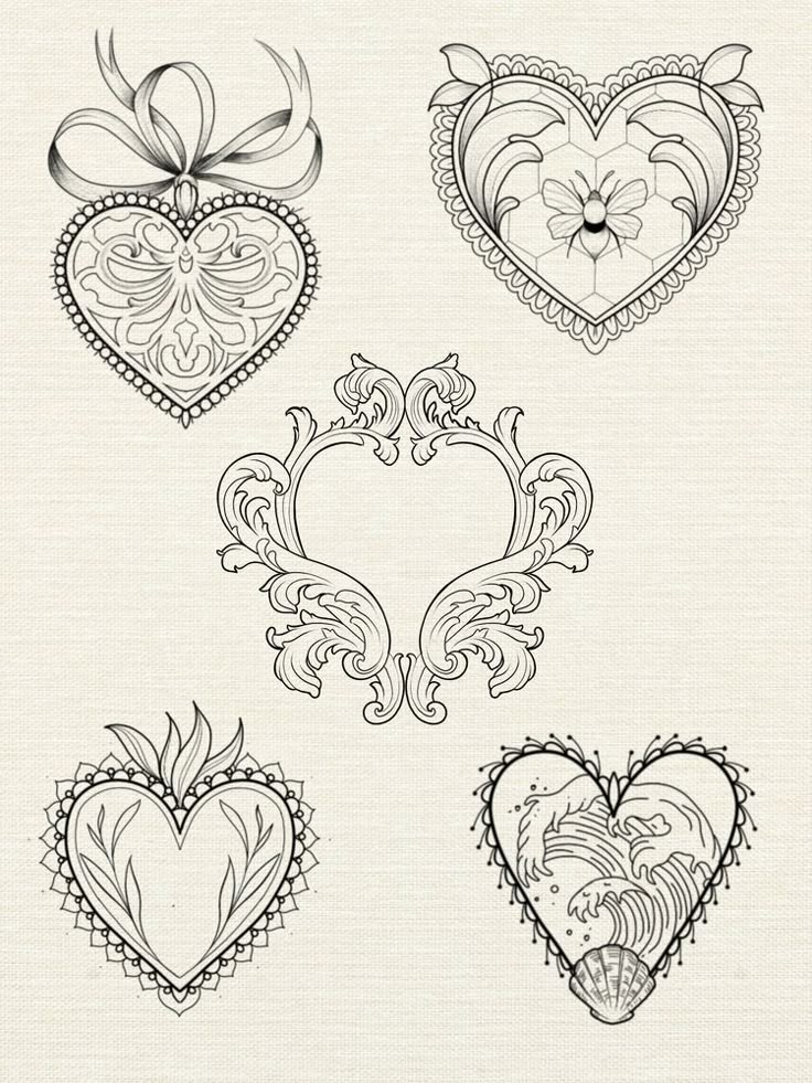 four hearts with different designs on them