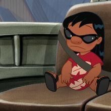 a cartoon character sitting in the back seat of a car with sunglasses on his face