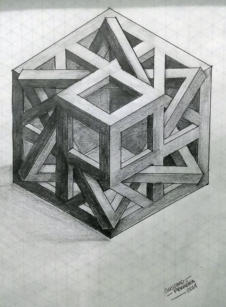 a pencil drawing of a cube with many intersecting lines