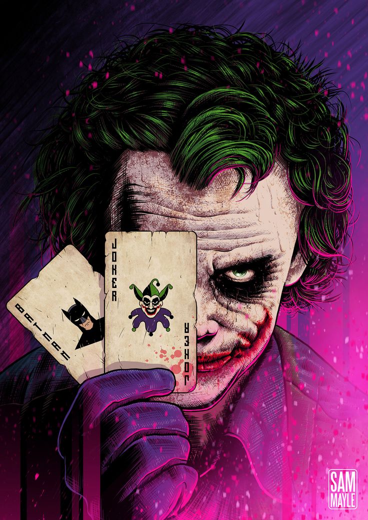 the joker is holding two playing cards in his hand