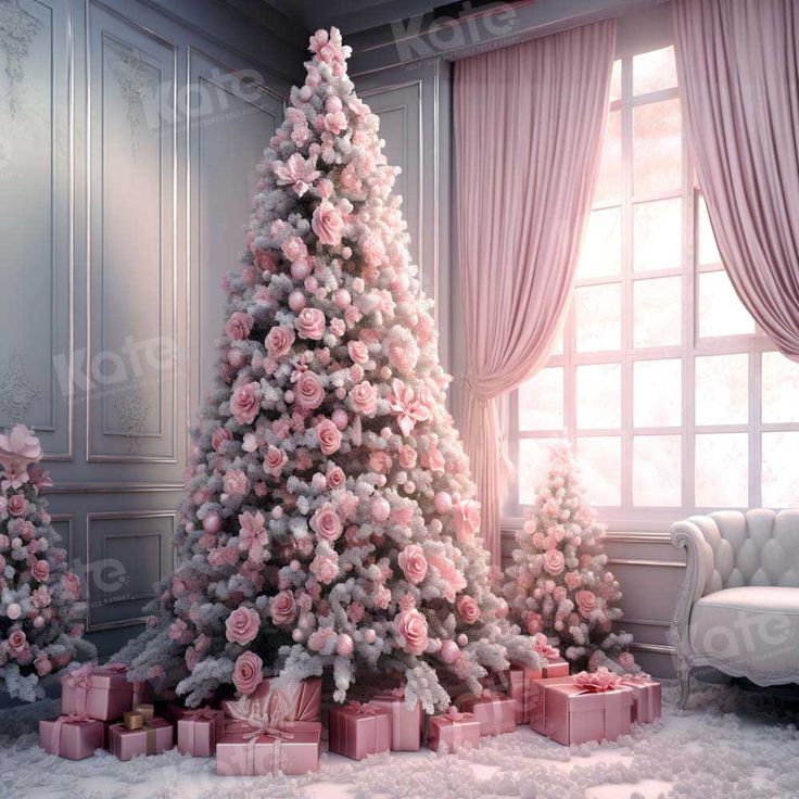 a decorated christmas tree in front of a window with pink roses and presents under it