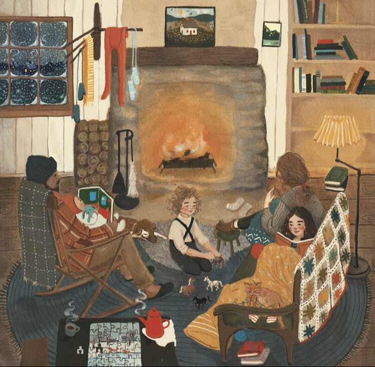 a painting of people sitting in front of a fire place with blankets on the floor