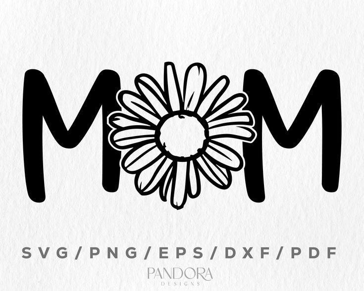 the word mom is written in black and white with a large flower on it's center