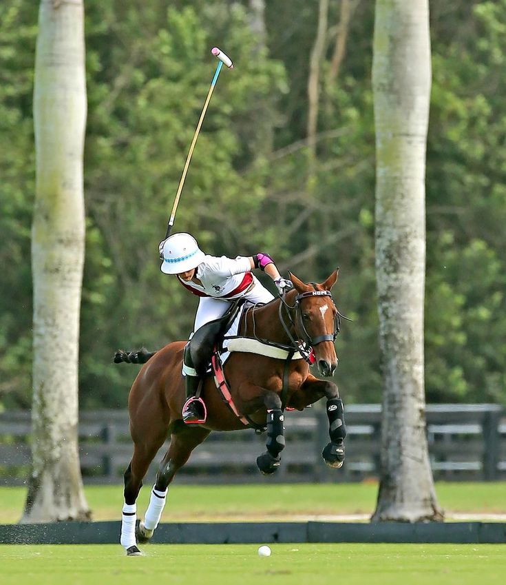 a man riding on the back of a brown horse across a lush green field next to tall trees