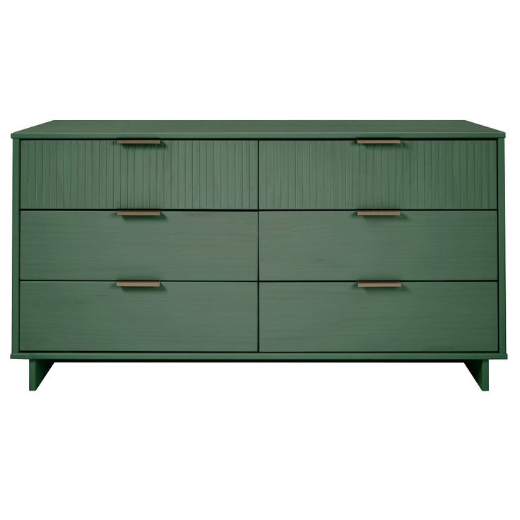 a green dresser with four drawers and two brass pulls on the bottom, in front of a white background