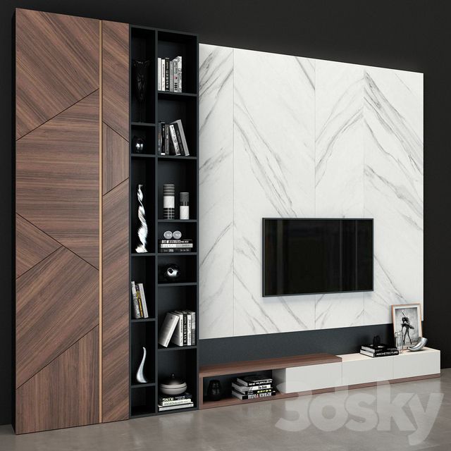 modern living room with white marble wall and black bookcase in the corner, tv on cabinet