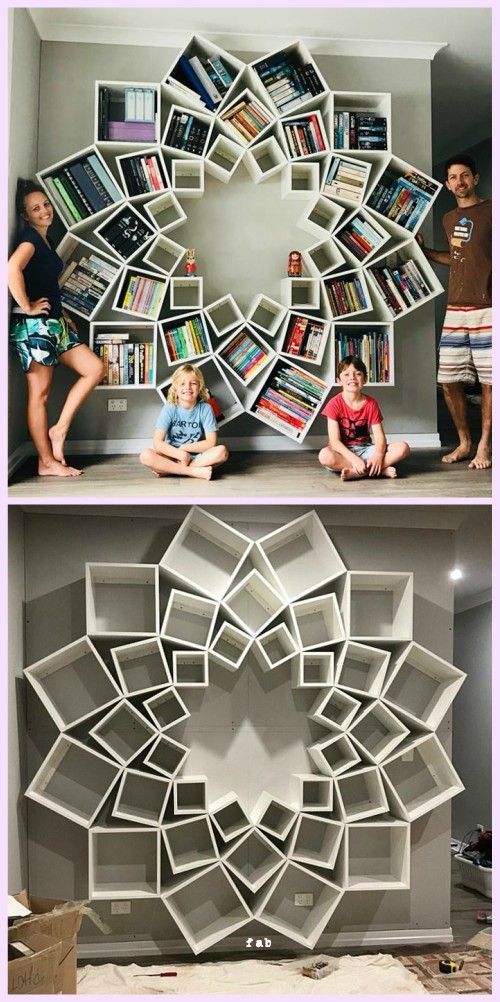 two pictures side by side, one with bookshelves and the other with children