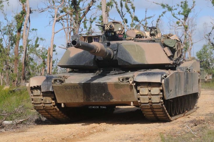 an army tank sitting on top of a dirt road in front of trees and bushes