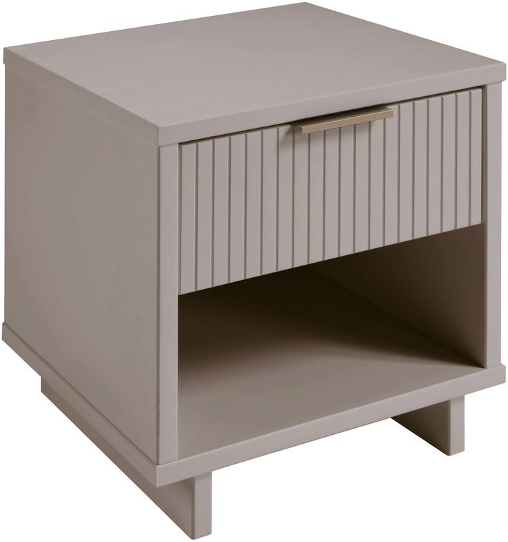 a small grey wooden table with a drawer on the bottom and an open shelf below it